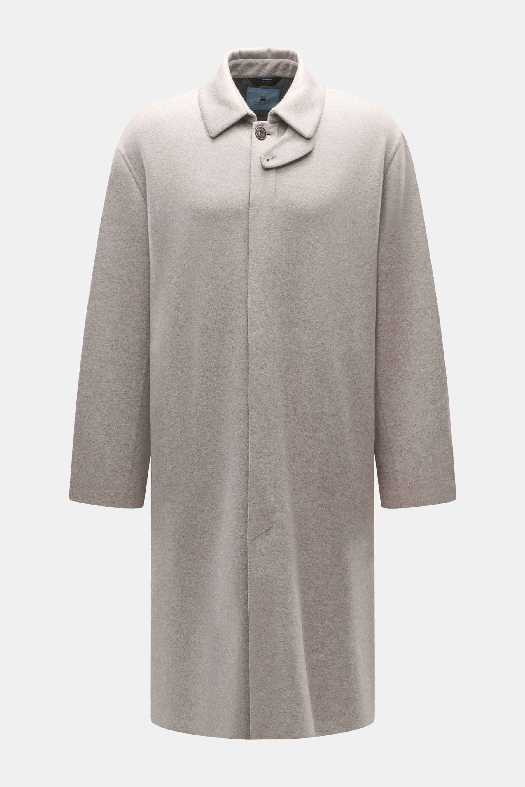 Front view of Colombo Kid Cashmere fleece coat grey/taupe melange, featuring pure cashmere, soft touch, velour leather details, regular fit, five-button placket, turn-down collar with tab, slant welt pockets, and unconstructed design, embodying minimalism
