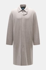 Front view of Colombo Kid Cashmere fleece coat grey/taupe melange, featuring pure cashmere, soft touch, velour leather details, regular fit, five-button placket, turn-down collar with tab, slant welt pockets, and unconstructed design, embodying minimalism