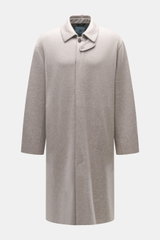 Front view of Colombo Kid Cashmere fleece coat grey/taupe melange, featuring pure cashmere, soft touch, velour leather details, regular fit, five-button placket, turn-down collar with tab, slant welt pockets, and unconstructed design, embodying minimalism