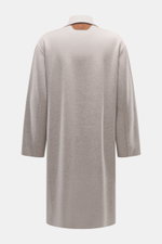 Rear view of Colombo Kid Cashmere fleece coat grey/taupe melange, showcasing minimalistic design, pure cashmere, velour leather details, regular fit, five-button placket, turn-down collar with tab, slant welt pockets, and unconstructed design, photographe