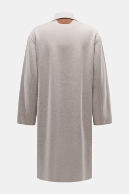 Rear view of Colombo Kid Cashmere fleece coat grey/taupe melange, showcasing minimalistic design, pure cashmere, velour leather details, regular fit, five-button placket, turn-down collar with tab, slant welt pockets, and unconstructed design, photographe