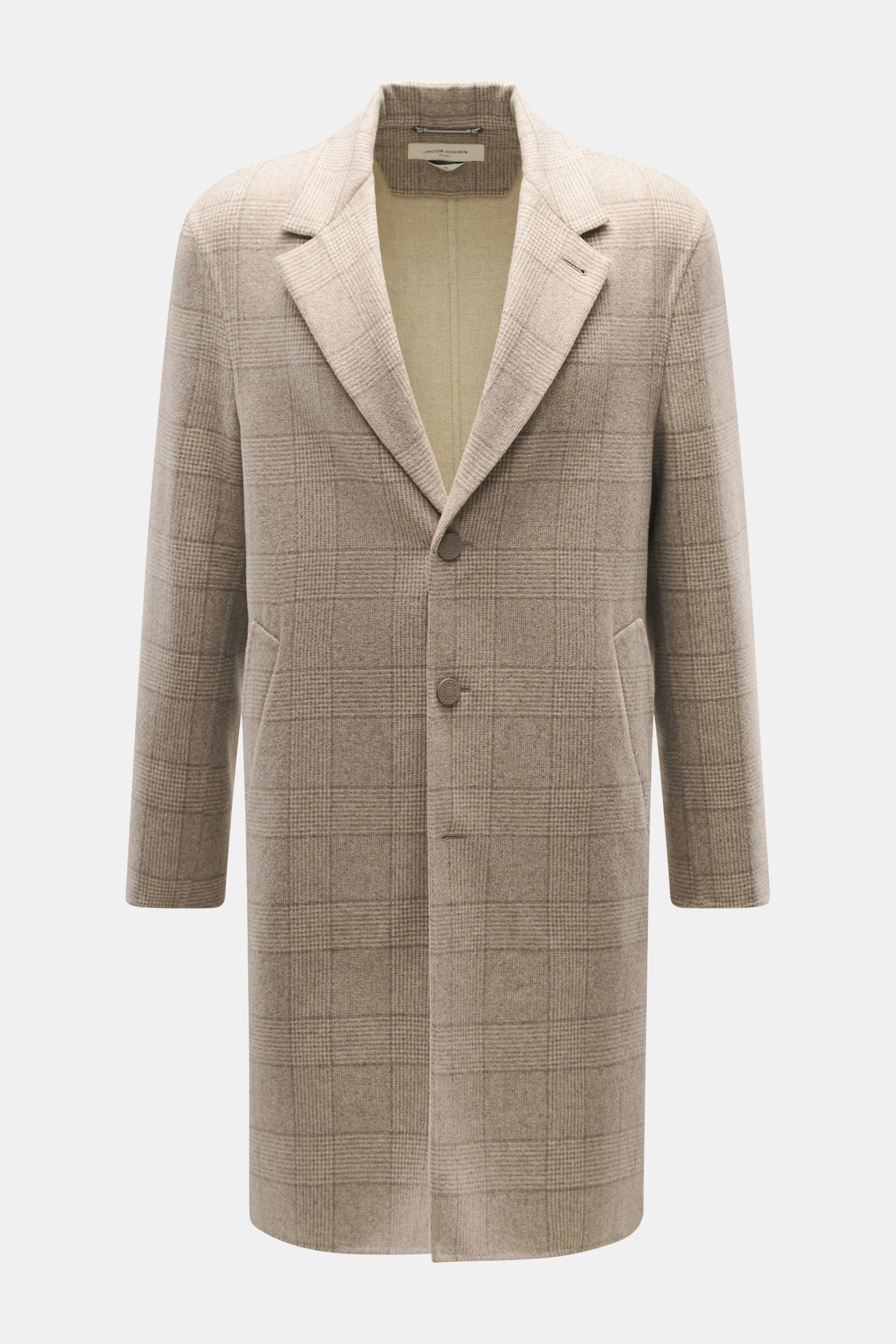 Jacob Cohen Mantel sand/taupe kariert, Frontansicht, Regular Fit, Mix aus Schurwolle und Cashmere, klassisches Karomuster, weicher Griff, Drei-Knopf-Leiste, fallendes Revers, paspelierte Fronttaschen, Ärmel mit Kissing Buttons, Unconstructed Design.
