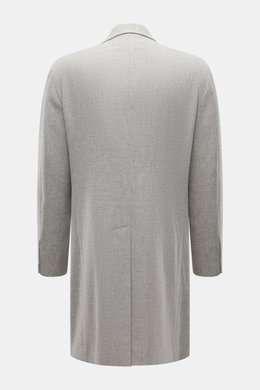 Tagliatore Mantel hellgrau meliert, reine Schurwolle, Slim Fit, Ungefüttert, Rückenmittelschlitz, unfertige Ärmel, Rückansicht, klassisch elegant.