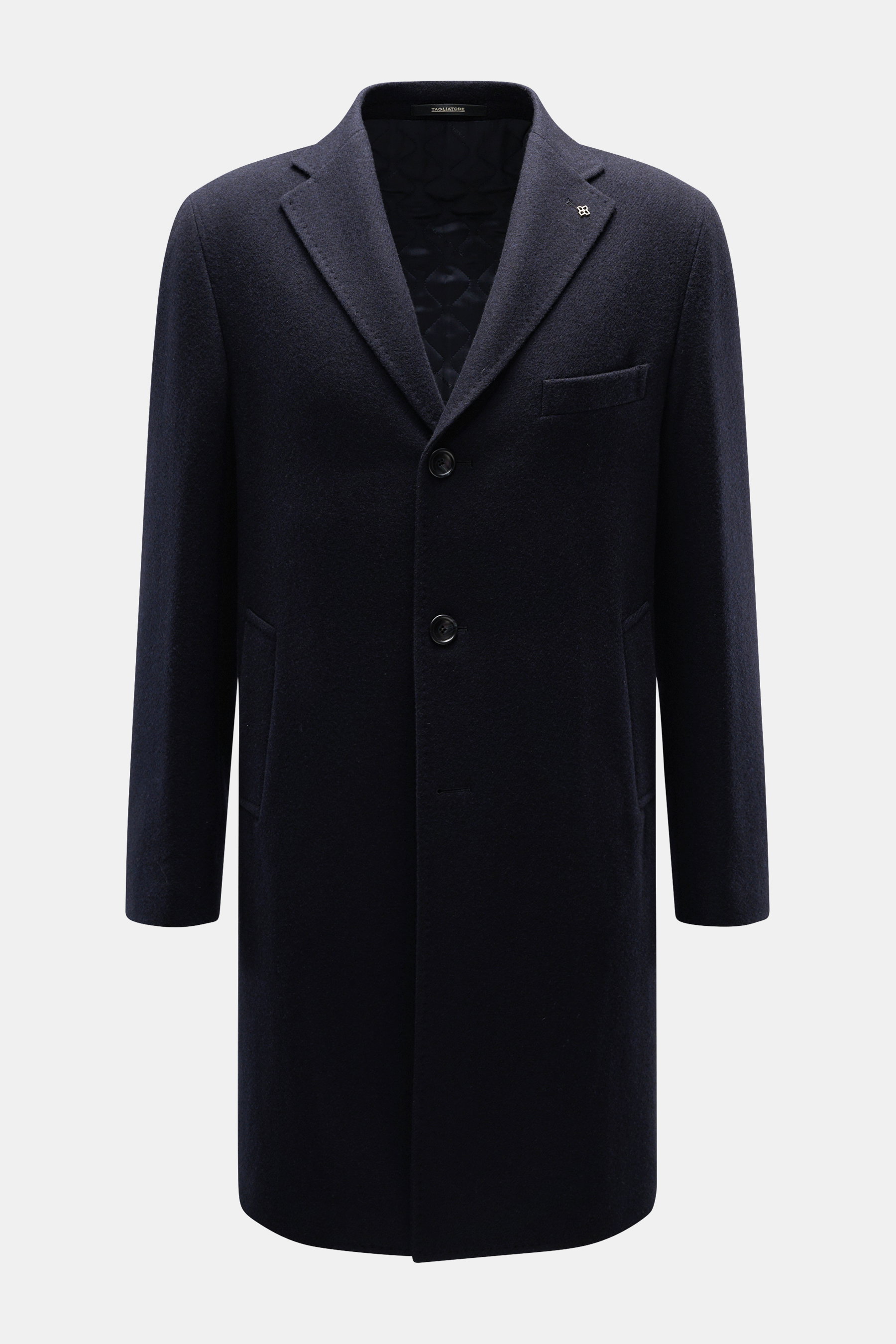Tagliatore Coat navy front view, slim fit wool coat with three-button style, notched lapel, breast and welt pockets, unfinished sleeves.