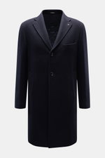 Tagliatore Coat navy front view, slim fit wool coat with three-button style, notched lapel, breast and welt pockets, unfinished sleeves.