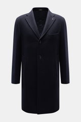 Tagliatore Coat navy front view, slim fit wool coat with three-button style, notched lapel, breast and welt pockets, unfinished sleeves.