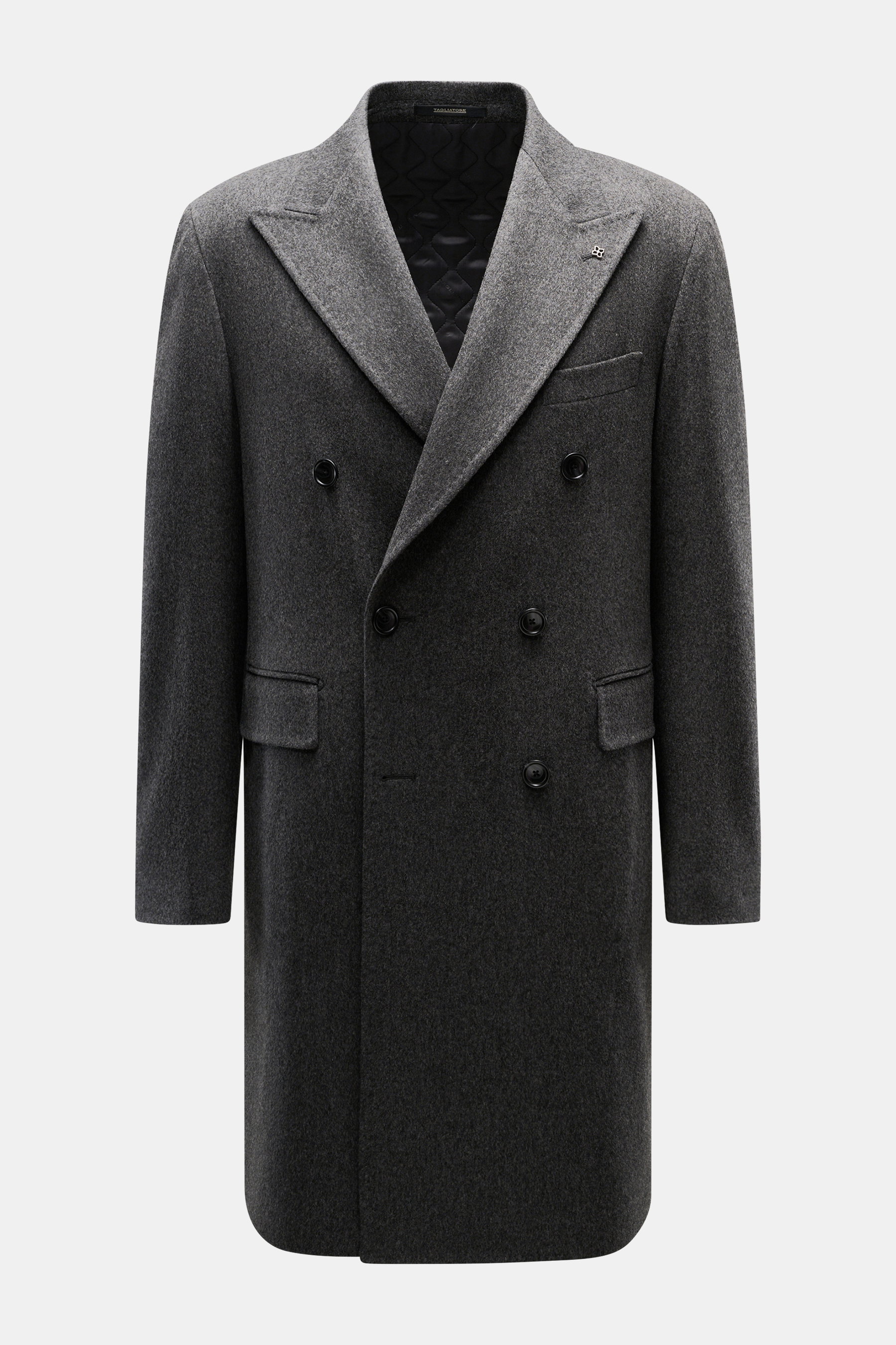 Front view of Tagliatore Wool Coat Dark Grey Melange, a slim-fit double-breasted coat made from pure virgin wool with a soft touch, featuring a peaked lapel with pin, classic breast pocket, flap front pockets, unfinished sleeve ends, and center back vent,