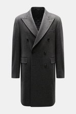 Front view of Tagliatore Wool Coat Dark Grey Melange, a slim-fit double-breasted coat made from pure virgin wool with a soft touch, featuring a peaked lapel with pin, classic breast pocket, flap front pockets, unfinished sleeve ends, and center back vent,