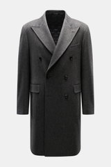 Front view of Tagliatore Wool Coat Dark Grey Melange, a slim-fit double-breasted coat made from pure virgin wool with a soft touch, featuring a peaked lapel with pin, classic breast pocket, flap front pockets, unfinished sleeve ends, and center back vent,
