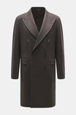 Front view of Tagliatore Wool Coat Dark Grey Melange, a slim fit, double-breasted coat in pure virgin wool with peaked lapel pin, flap pockets, and quilted half-lined interior. TAGLIATORE's signature understated elegance is expressed through this impeccab
