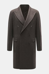Front view of Tagliatore Wool Coat Dark Grey Melange, a slim fit, double-breasted coat in pure virgin wool with peaked lapel pin, flap pockets, and quilted half-lined interior. TAGLIATORE's signature understated elegance is expressed through this impeccab