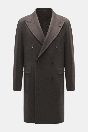 Front view of Tagliatore Wool Coat Dark Grey Melange, a slim fit, double-breasted coat in pure virgin wool with peaked lapel pin, flap pockets, and quilted half-lined interior. TAGLIATORE's signature understated elegance is expressed through this impeccab