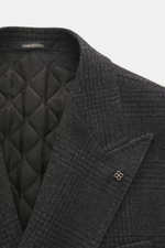 Close-up front view of Tagliatore Wool coat dark grey/anthracite checked with soft pure new wool, classic Glen check, peaked lapel with pin, and quilted half-lined interior.