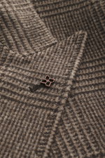 Close-up front view of Tagliatore Wool coat taupe/dark brown checked showing soft pure wool fabric, classic Glen check, peaked lapel with pin, and detailed three-button double-breasted style.

Description: <p>Classic elegance from TAGLIATORE: Made from pu