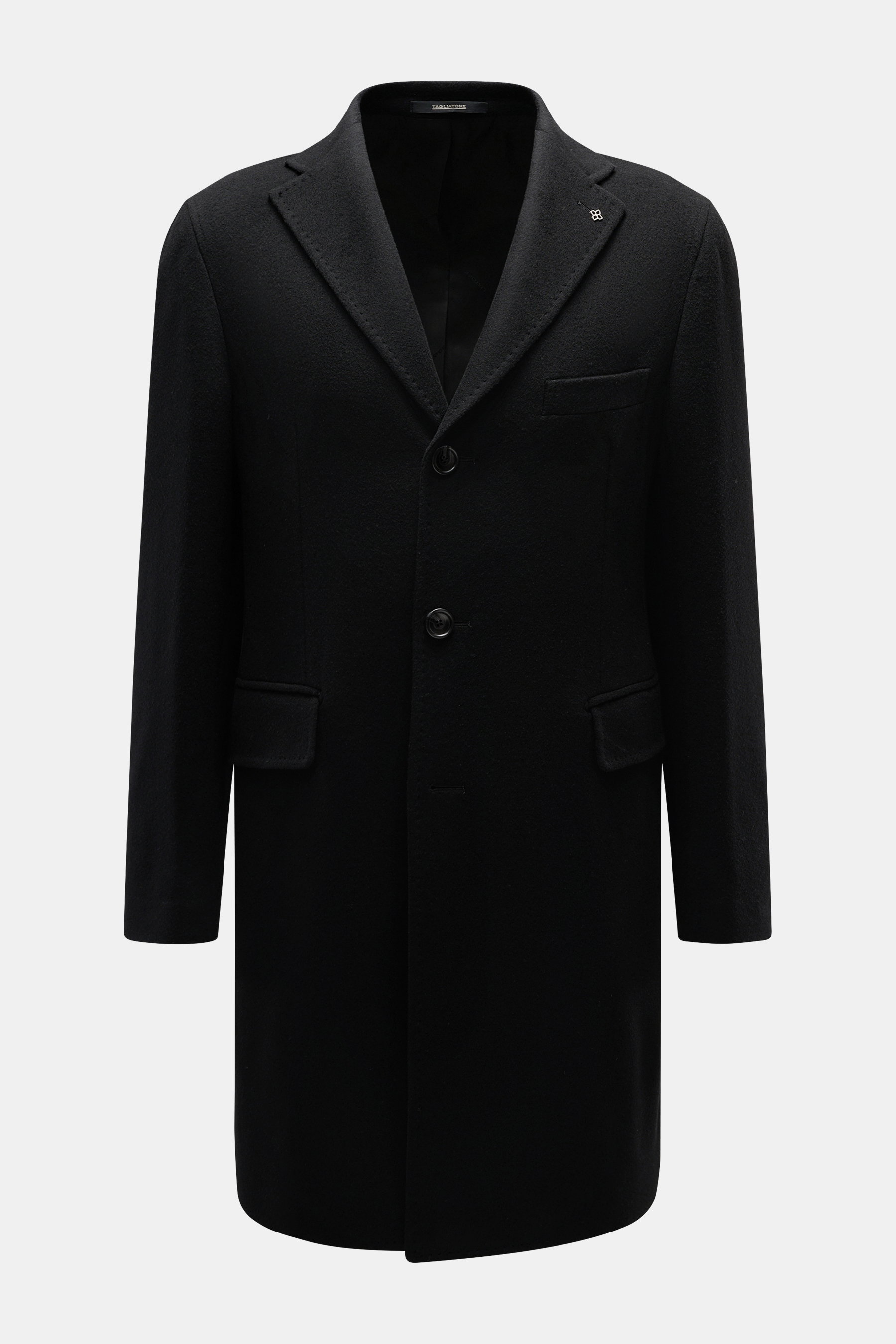 Front view of the Tagliatore Cashmere Coat Black, a slim fit wool coat with a fitted three-button style, notched lapel with logo pin, piped breast pocket, front flap pockets, unfinished sleeve ends, center back vent, and smooth lining fabric, showcasing w