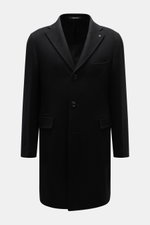 Front view of the Tagliatore Cashmere Coat Black, a slim fit wool coat with a fitted three-button style, notched lapel with logo pin, piped breast pocket, front flap pockets, unfinished sleeve ends, center back vent, and smooth lining fabric, showcasing w