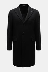 Front view of the Tagliatore Cashmere Coat Black, a slim fit wool coat with a fitted three-button style, notched lapel with logo pin, piped breast pocket, front flap pockets, unfinished sleeve ends, center back vent, and smooth lining fabric, showcasing w