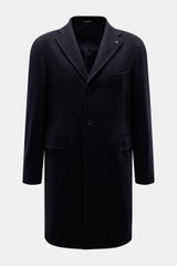 Front view of Tagliatore Cashmere Coat navy in pure cashmere, slim fit with tailored three-button style, notched lapel, chest and flap pockets.

Description: <p>Winter elegance with Italian sophistication: The wool coat by TAGLIATORE is a stylish companio
