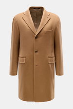 Front view of Tagliatore Cashmere Coat Light Brown, a slim-fit wool coat with tailored three-button style, notched lapel with logo pin, piped breast pocket, front flap pockets, unfinished sleeve cuffs, center back vent, and smooth lining fabric, showcasin