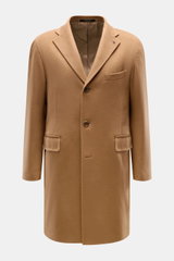 Front view of Tagliatore Cashmere Coat Light Brown, a slim-fit wool coat with tailored three-button style, notched lapel with logo pin, piped breast pocket, front flap pockets, unfinished sleeve cuffs, center back vent, and smooth lining fabric, showcasin