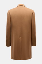 Rear view of Tagliatore Cashmere Coat Light Brown in pure cashmere with slim fit, tailored three-button style, notched lapel, and center back vent.