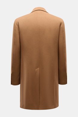 Rear view of Tagliatore Cashmere Coat Light Brown in pure cashmere with slim fit, tailored three-button style, notched lapel, and center back vent.