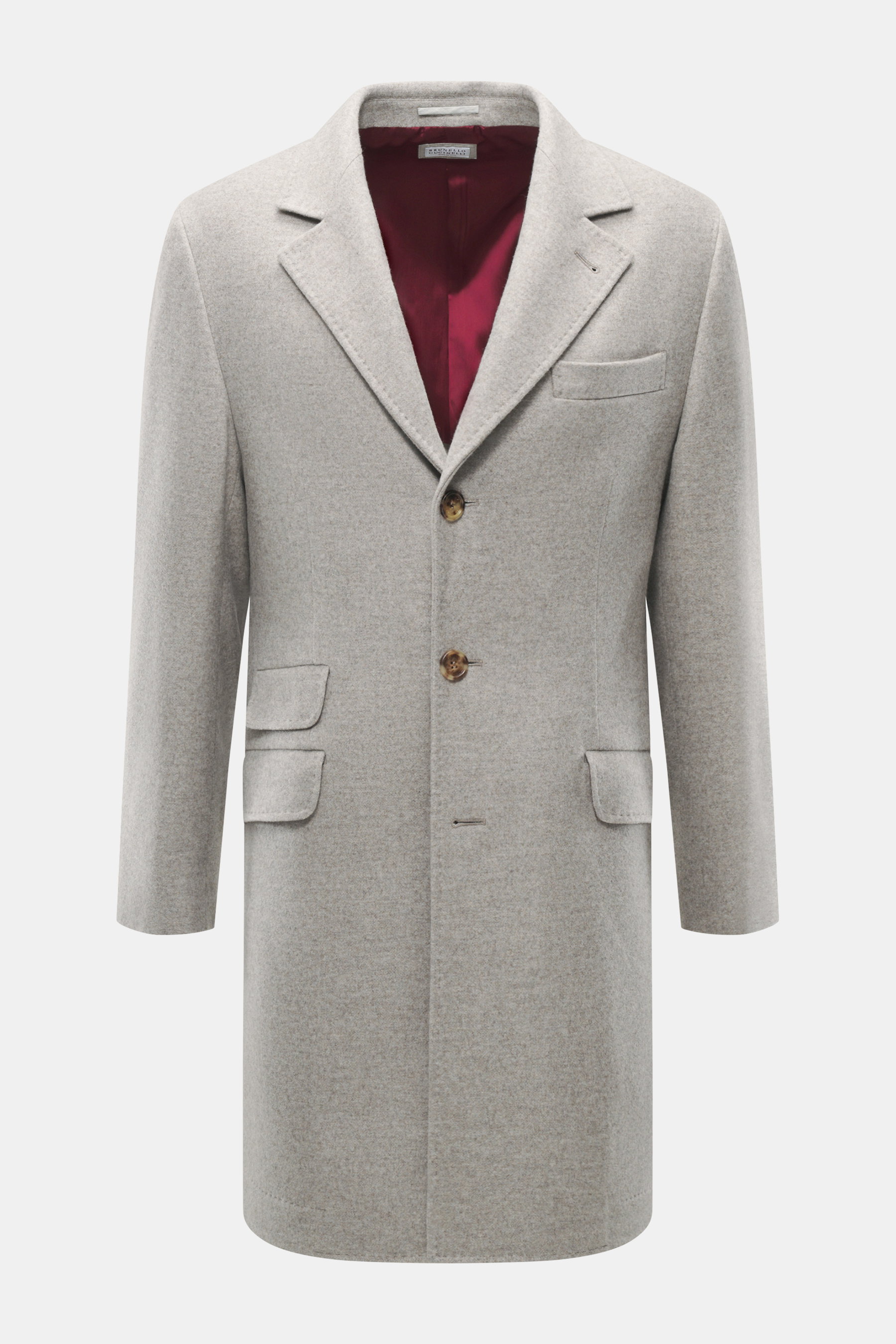 Brunello Cucinelli Cashmere Mantel grau meliert, Slim Fit, taillierter Drei-Knopf-Stil, Taschen mit Patte, variabler Revers, halb gefüttert, frontal fotografiert.