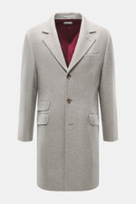 Front view of Brunello Cucinelli Cashmere Coat grey melange in pure cashmere, slim fit, tailored three-button style with adjustable lapel.

Description:  
<p>Elegant understatement in luxurious material quality: The super soft cashmere coat from BRUNELLO 