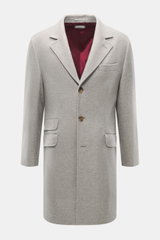 Front view of Brunello Cucinelli Cashmere Coat grey melange in pure cashmere, slim fit, tailored three-button style with adjustable lapel.

Description:  
<p>Elegant understatement in luxurious material quality: The super soft cashmere coat from BRUNELLO 
