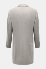 Back view of Brunello Cucinelli Cashmere Coat grey melange in pure cashmere, slim fit, with rear side vents and sleeve cuffs with buttons.

Description: <p>Elegant understatement in luxurious material quality: The super soft cashmere coat from BRUNELLO CU