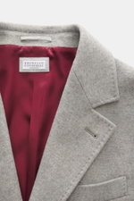 Close-up front view of Brunello Cucinelli Cashmere Coat grey melange showing soft pure cashmere material with classic breast pocket and burgundy lining.