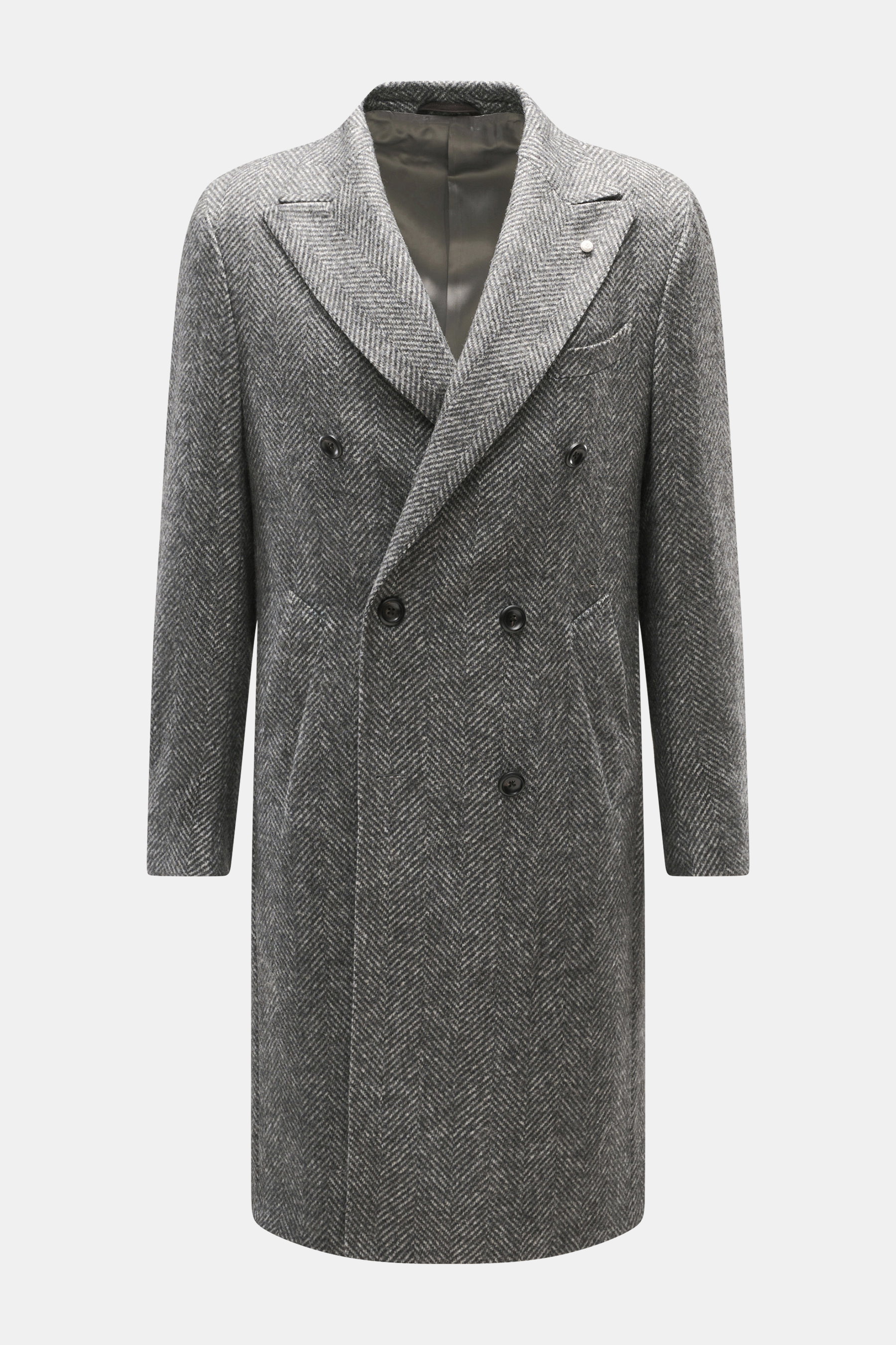 Vorderansicht Luigi Bianchi Wollmantel dunkelgrau/hellgrau gemustert, Alpaka-Schurwolle-Mix, Slim Fit, zweireihig mit Spitzrevers und Kissing Buttons.