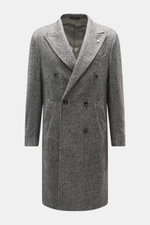 Vorderansicht Luigi Bianchi Wollmantel dunkelgrau/hellgrau gemustert, Alpaka-Schurwolle-Mix, Slim Fit, zweireihig mit Spitzrevers und Kissing Buttons.