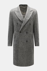Vorderansicht Luigi Bianchi Wollmantel dunkelgrau/hellgrau gemustert, Alpaka-Schurwolle-Mix, Slim Fit, zweireihig mit Spitzrevers und Kissing Buttons.