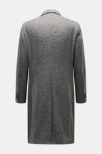 Rückansicht des Luigi Bianchi Wollmantel dunkelgrau/hellgrau gemustert, Alpaka-Schurwoll-Mix, Slim Fit, Herringbone, Rückenmittelschlitz.
