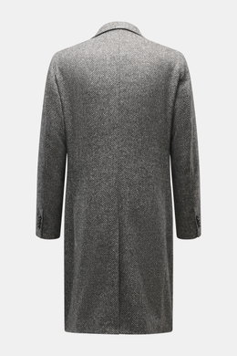 Rückansicht des Luigi Bianchi Wollmantel dunkelgrau/hellgrau gemustert, Alpaka-Schurwoll-Mix, Slim Fit, Herringbone, Rückenmittelschlitz.