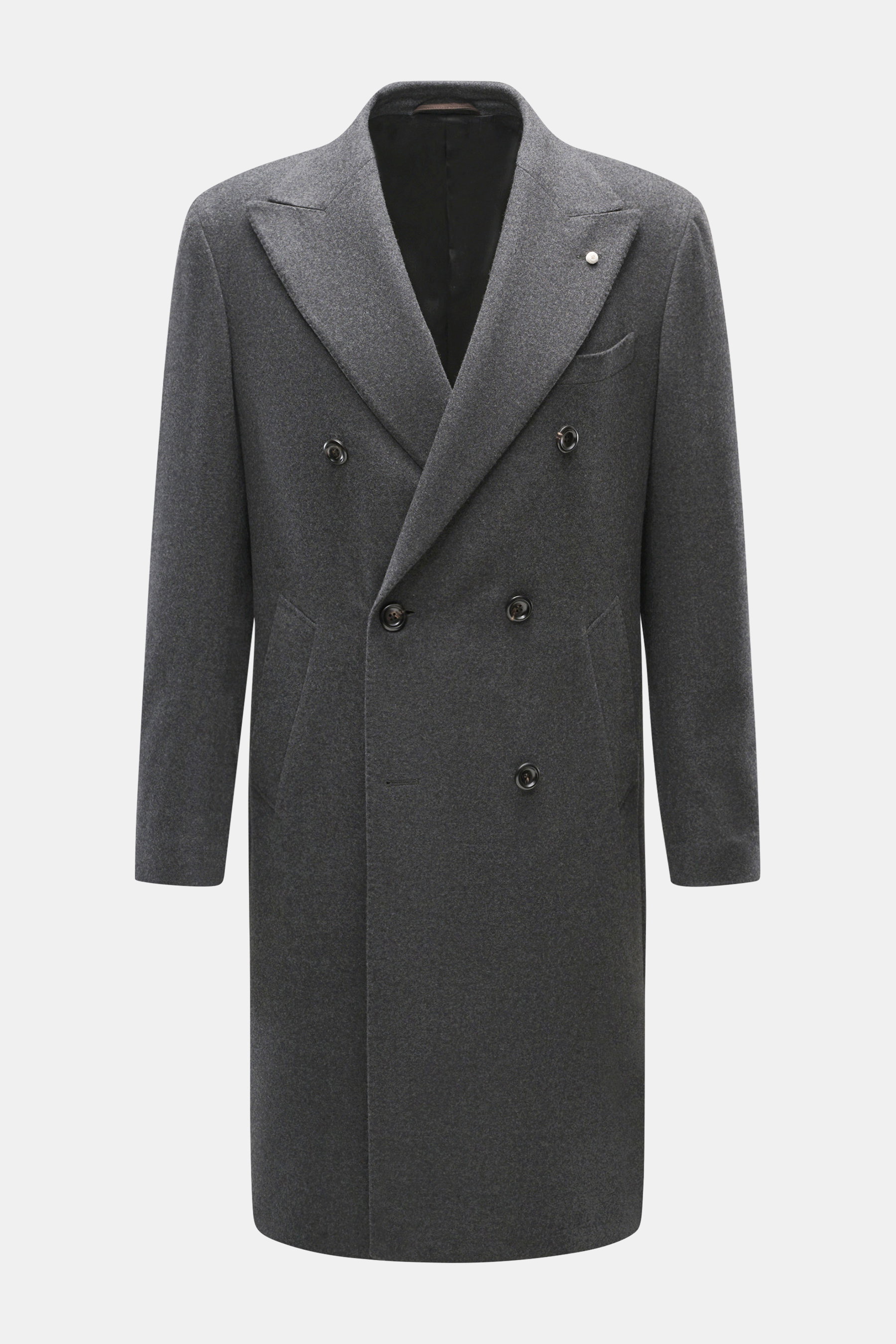 Front view of Luigi Bianchi Sakko dunkelgrau meliert, a double-breasted slim fit coat in soft wool-cashmere blend with peak lapels, three-button style, emblem buttons, chest pocket, hip patch pockets, unfinished sleeve ends, back side vents, half-lined in