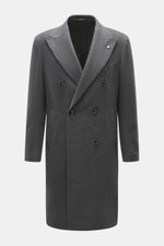 Front view of Luigi Bianchi Sakko dunkelgrau meliert, a double-breasted slim fit coat in soft wool-cashmere blend with peak lapels, three-button style, emblem buttons, chest pocket, hip patch pockets, unfinished sleeve ends, back side vents, half-lined in