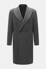 Front view of Luigi Bianchi Sakko dunkelgrau meliert, a double-breasted slim fit coat in soft wool-cashmere blend with peak lapels, three-button style, emblem buttons, chest pocket, hip patch pockets, unfinished sleeve ends, back side vents, half-lined in