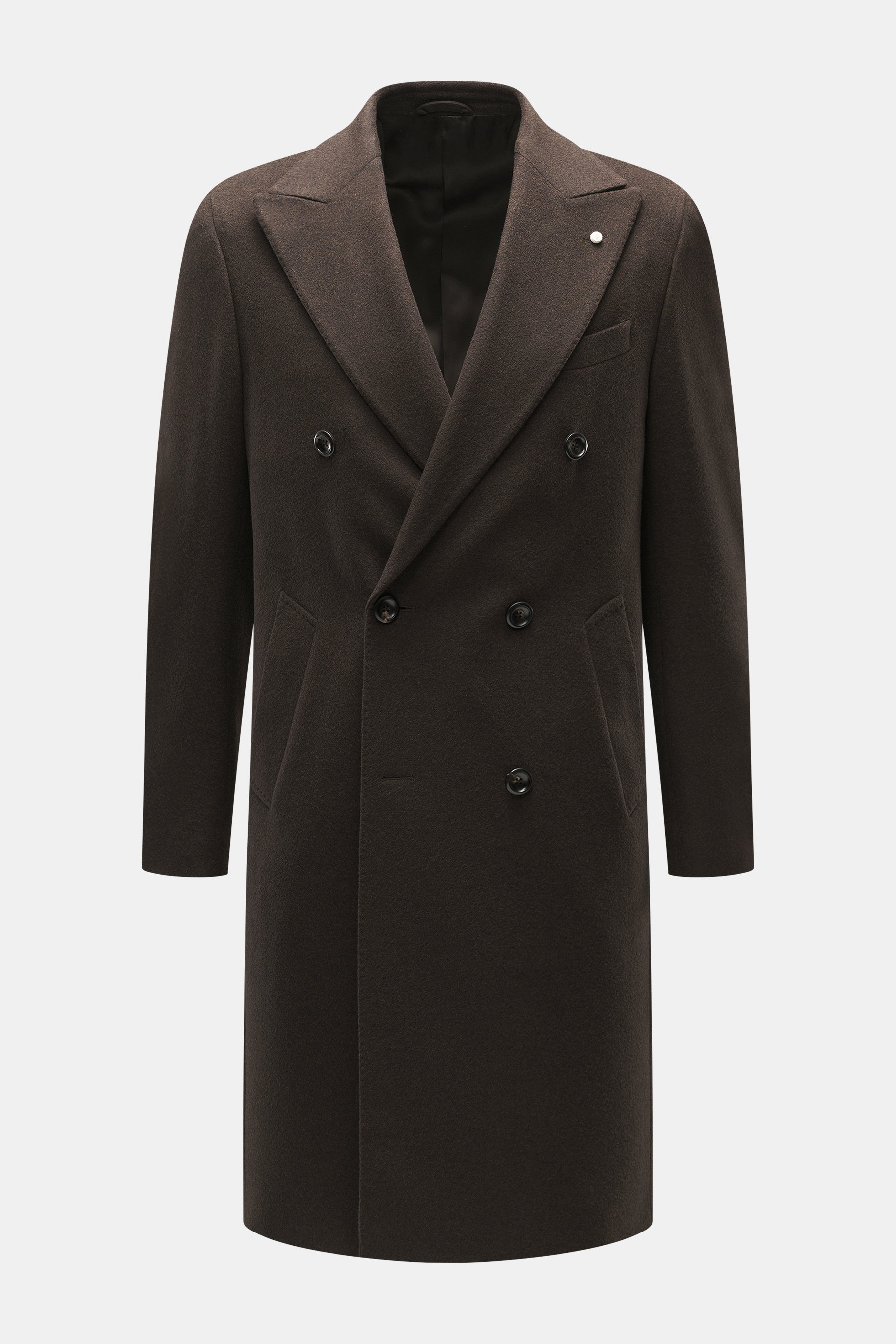 Front view of Luigi Bianchi Wool coat dark brown melange, a slim fit double-breasted blazer in pure virgin wool with peak lapel, pin on lapel, breast and slanted hip pockets, kissing buttons, center back vent, smooth lining, and two inside pockets, showca