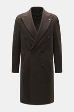Front view of Luigi Bianchi Wool coat dark brown melange, a slim fit double-breasted blazer in pure virgin wool with peak lapel, pin on lapel, breast and slanted hip pockets, kissing buttons, center back vent, smooth lining, and two inside pockets, showca