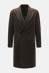 Front view of Luigi Bianchi Wool coat dark brown melange, a slim fit double-breasted blazer in pure virgin wool with peak lapel, pin on lapel, breast and slanted hip pockets, kissing buttons, center back vent, smooth lining, and two inside pockets, showca