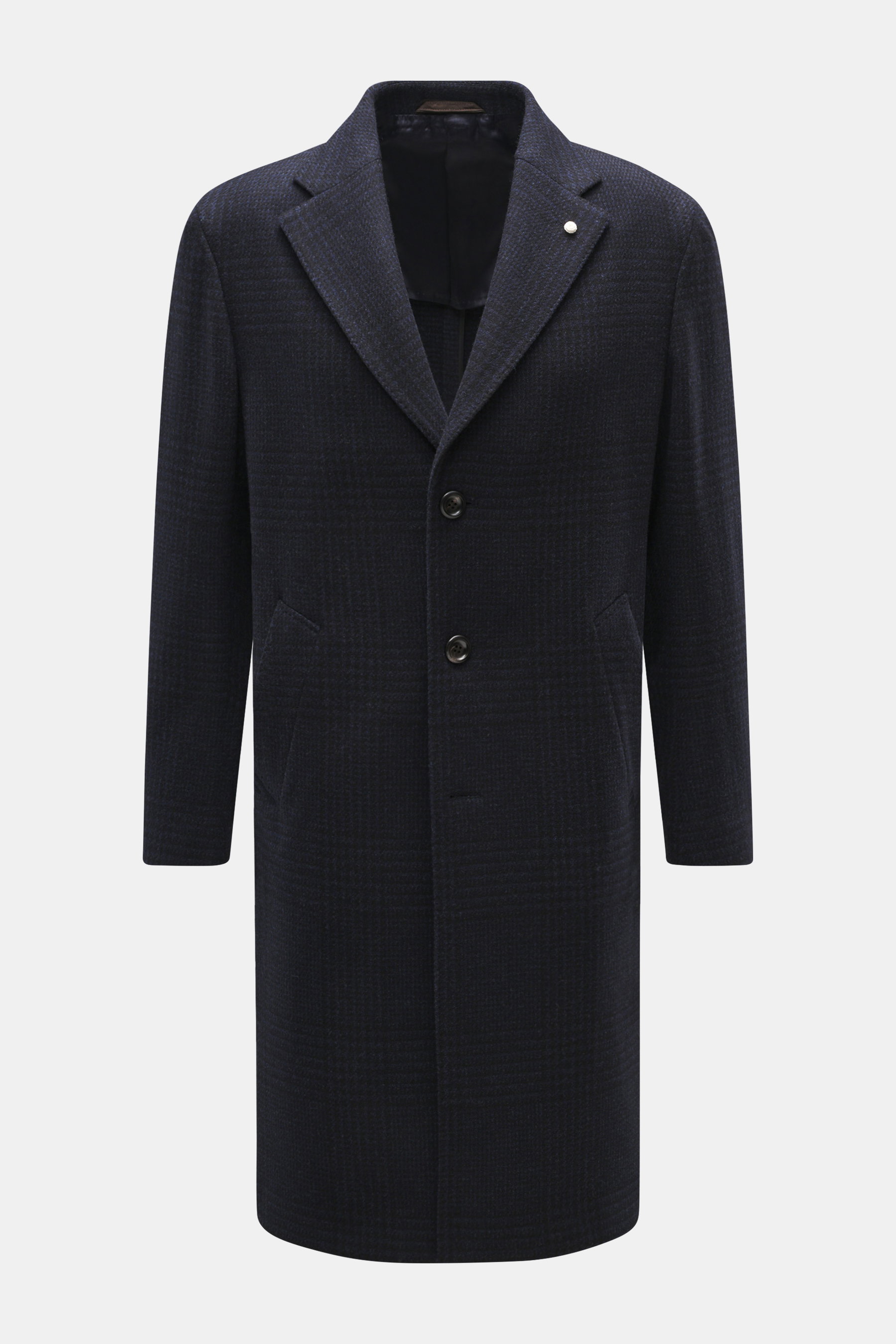 Front view of Luigi Bianchi Wollmantel dunkelgrau meliert, a dark grey melange wool coat with smooth lining and two inner pockets. Italienische Handwerkskunst vereint in exklusiver Herrenmode – das kann LUIGI BIANCHI besonders gut und bringt mit diesem Sa