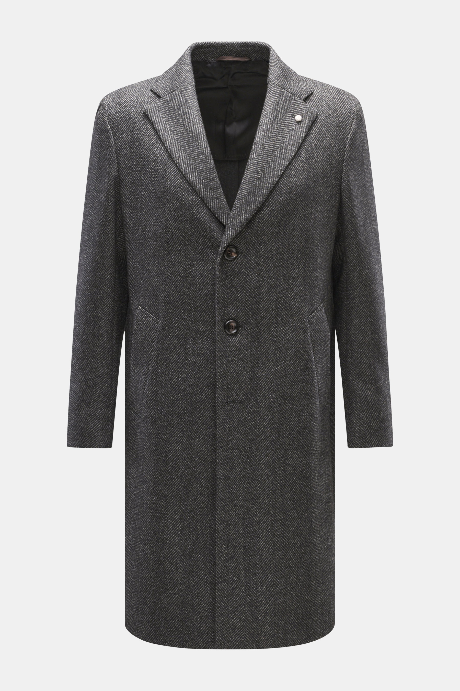 Front view of Luigi Bianchi Wollmantel dunkelblau/navy kariert, featuring a slim fit, three-button style, pin on the lapel, and soft wool-cashmere fabric.