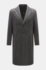 Front view of Luigi Bianchi Wollmantel dunkelblau/navy kariert, featuring a slim fit, three-button style, pin on the lapel, and soft wool-cashmere fabric.