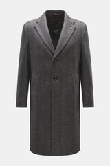 Front view of Luigi Bianchi Wollmantel dunkelblau/navy kariert, featuring a slim fit, three-button style, pin on the lapel, and soft wool-cashmere fabric.