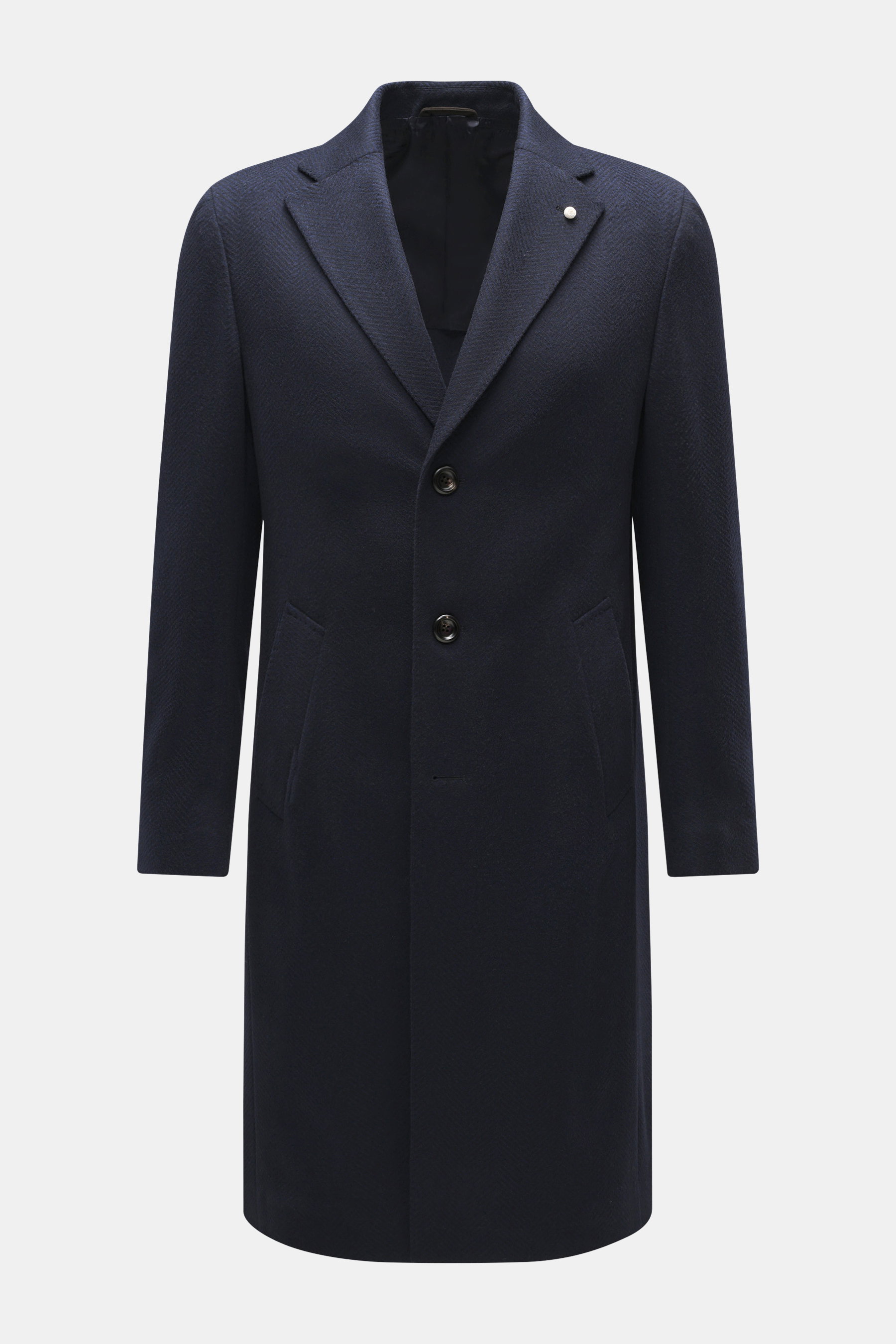 Luigi Bianchi Wollmantel navy/grau gemustert, Slim Fit, reine Schurwolle, fallendes Revers, drei Knöpfe, Pin am Revers, schräge Hüfttaschen, Kissing Buttons, Rückenmittelschlitz, geschmeidiges Futter, zwei Innentaschen, frontale Perspektive.