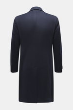 Rückansicht des navy/grau gemusterten Luigi Bianchi Wollmantels aus reiner Schurwolle, Slim Fit, Rückenmittelschlitz, weiches Futter.