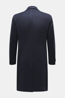 Rückansicht des navy/grau gemusterten Luigi Bianchi Wollmantels aus reiner Schurwolle, Slim Fit, Rückenmittelschlitz, weiches Futter.