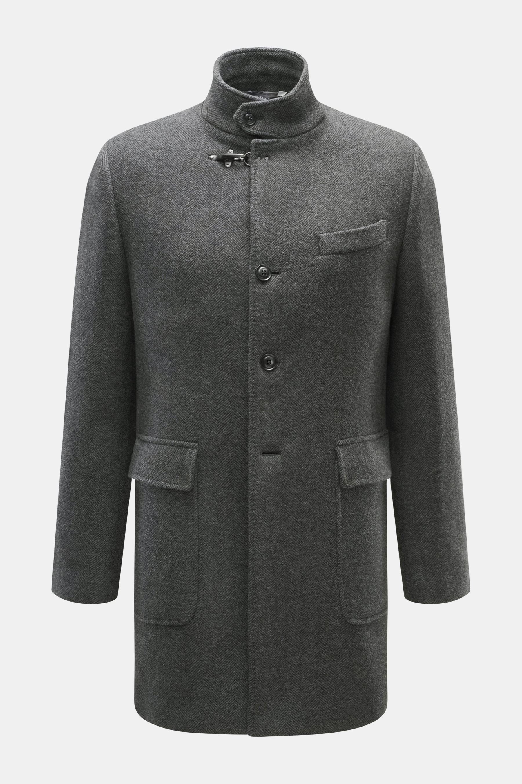 Fay Mantel 'Duty Coat' dunkelgrau meliert, frontale Nahaufnahme, Fischgratmuster, Karabinerverschluss, Slim Fit, Wolle-Microfaser-Mix, klassischer Reverskragen.